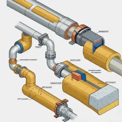 Interior vs exterior calorifugeage insulation 2025: Side-by-side comparison of foam-wrapped indoor pipes (left) and weatherproof mineral wool outdoor pipes (right), with energy savings icons and price ranges per m².